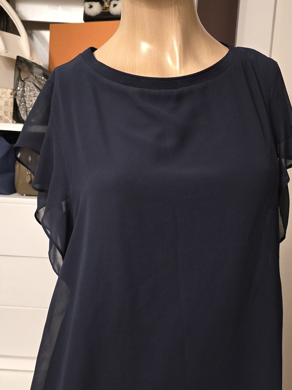 Zara Navy Blue Chiffon Flutter Sleeve Blouse Size M